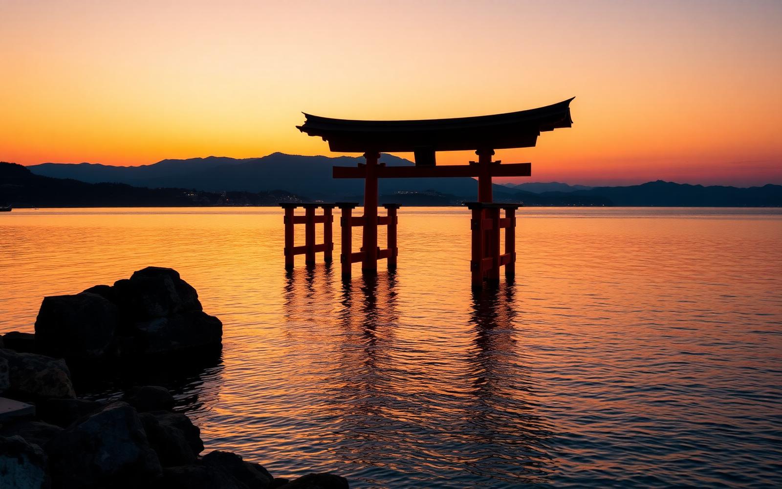 Torii flutuante de Itsukushima em Miyajima ao pôr do sol