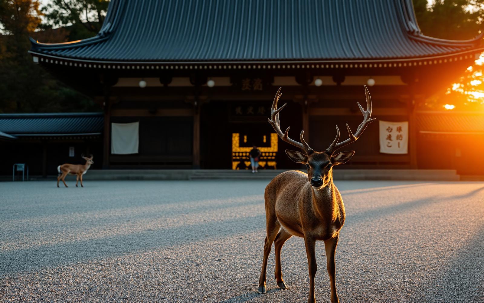 Cervo sika em frente ao templo Todai-ji em Nara ao pôr do sol
