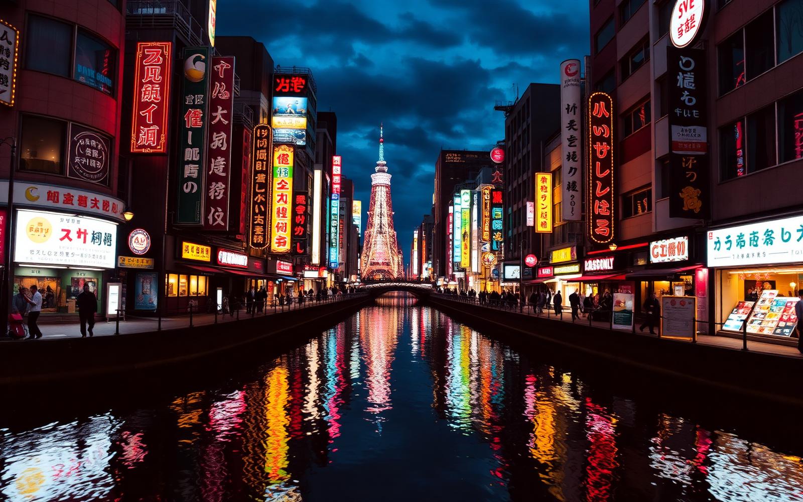 Dotonbori em Osaka à noite com letreiros neon refletindo no canal